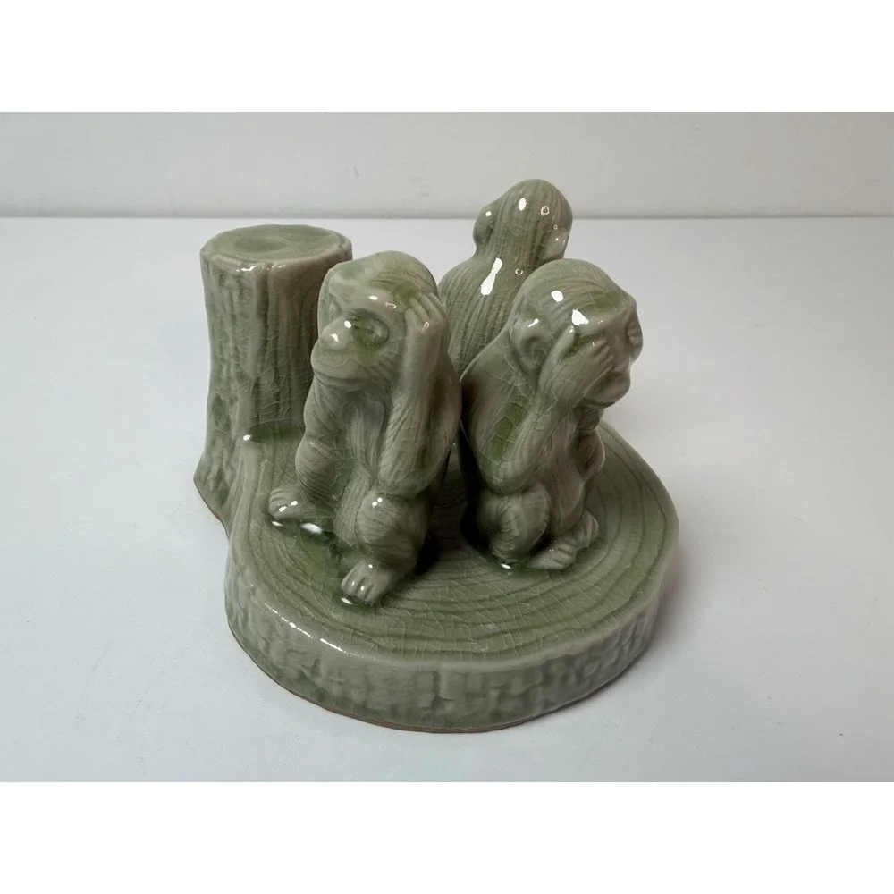 Novica‎ Collection Hear Speak See No Evil Monkey Apes Thailand Vintage Green